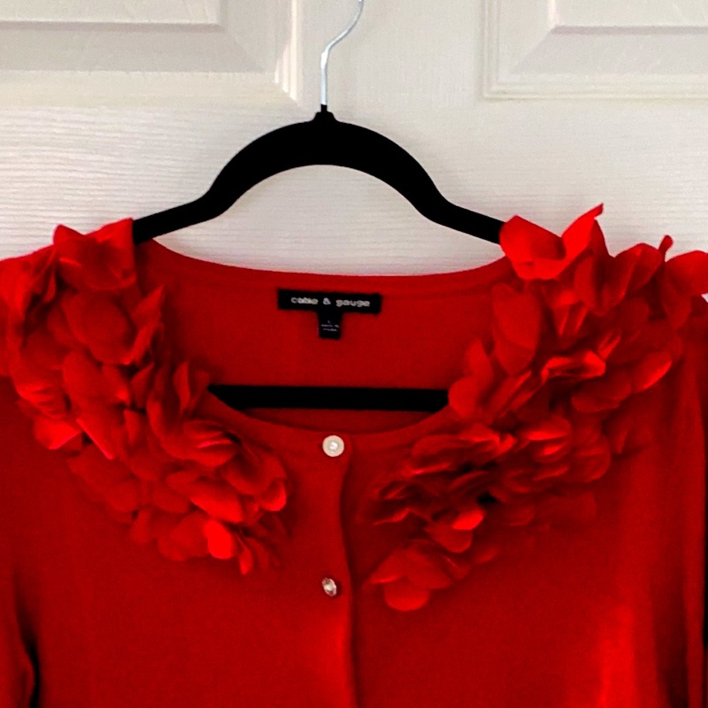 Cable & Gauge embellished red sweater with rhinestone buttons